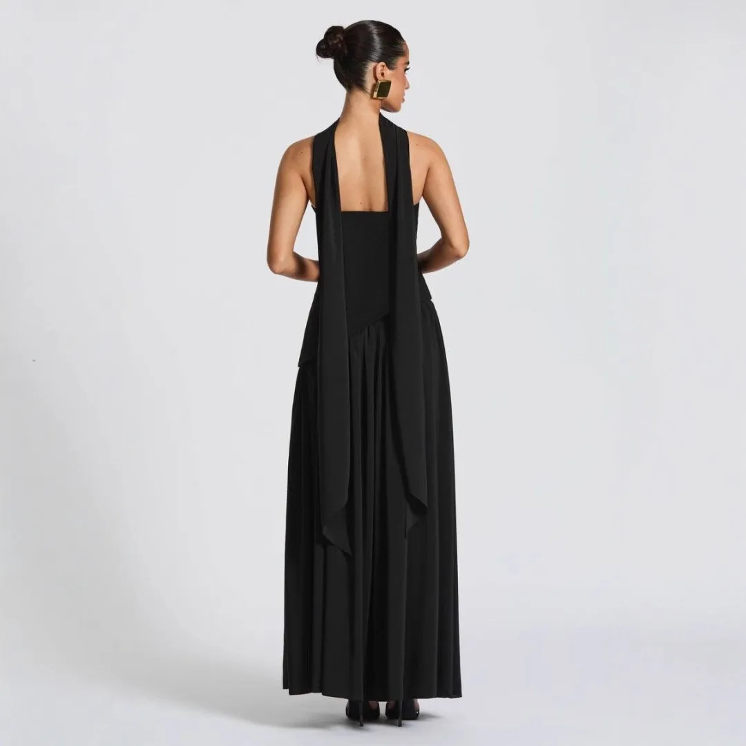 Women's Elegant Off Shoulder Backless Slit Long Solid Color Bodycon Dress for Wedding Guest Party Prom Wedding Party Pleated