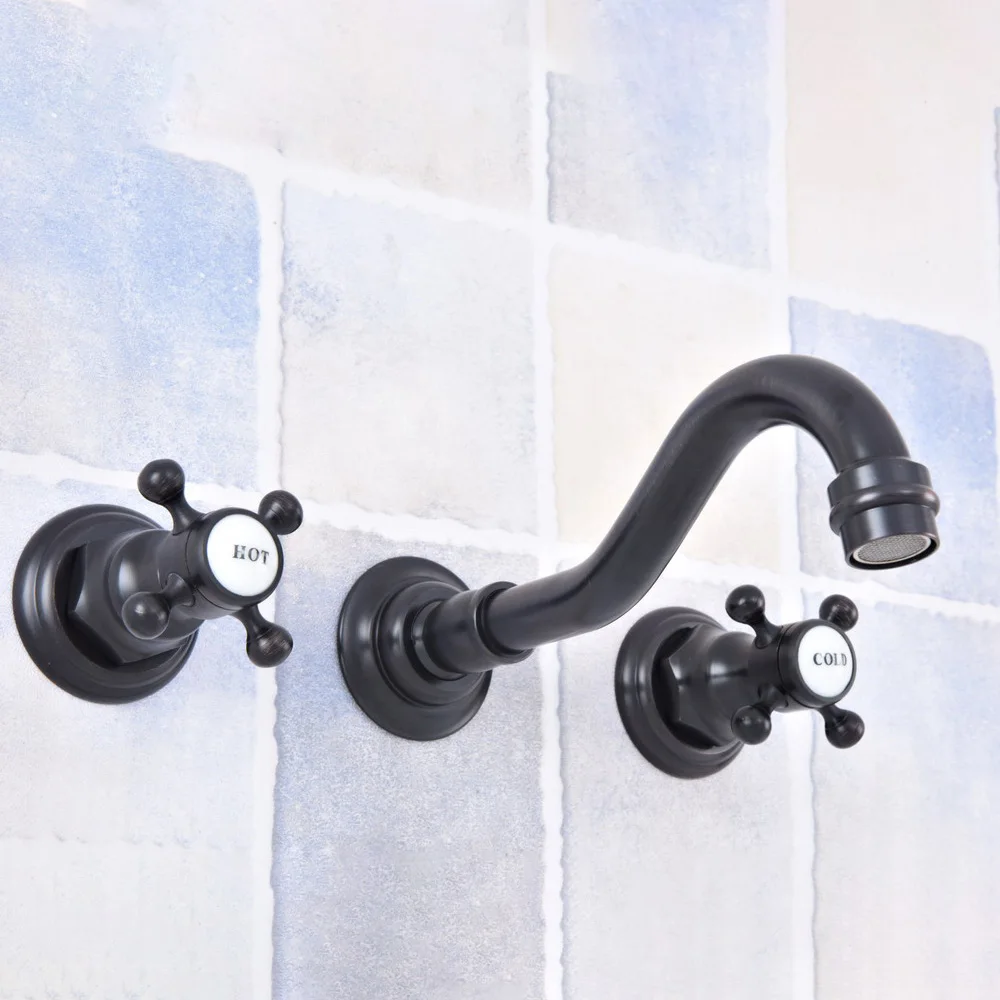 

Black Oil Rubbed Brass Two Cross Handle Wall Mount 3 Hole Widespread Bathroom Lavatory Vessel Basin Faucet Sink Mixer Tap dsf499