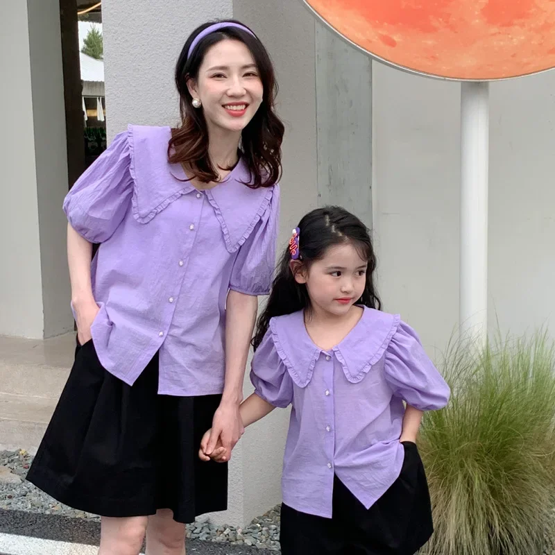 Mother Daughter Set Women Outfit Mom And Baby Girls Matching Clothes 2022 Summer Korea Children Blouse And Shorts Two Piece Suit