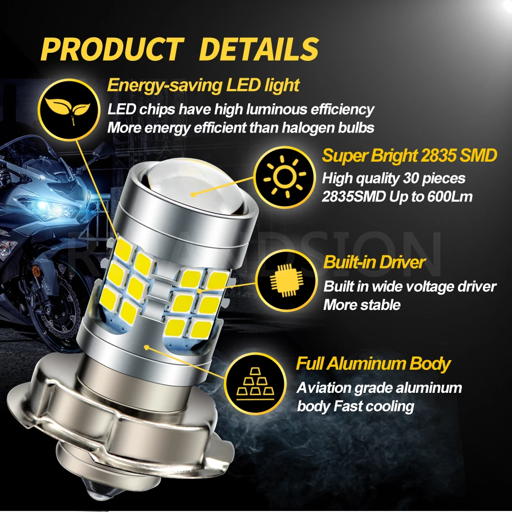 Ruiandsion 1x P26S LED 6V 12V Motorcycle Headlight H6M P36D LED Bulb 6000K High Bright White Light for Scooter ATV UTV Lamp
