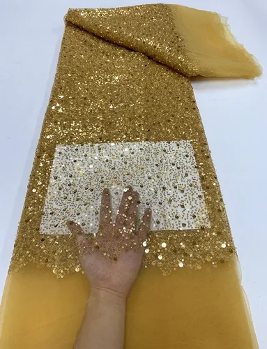 Imagen 2 del producto Tela de encaje de Organza africano 2023, tela de encaje de cuentas pesadas francesas de alta calidad, tela de encaje de lentejuelas de tul nigeriano para vestido de lujo