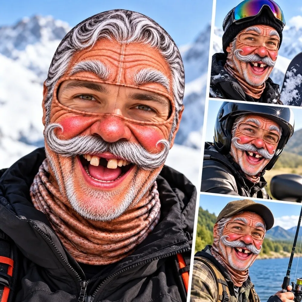 3D Face Printed Old Man Balaclava Face Mask White Mustache Full Coverage Winter Mask Cover Breathable Eye Hole Elastic