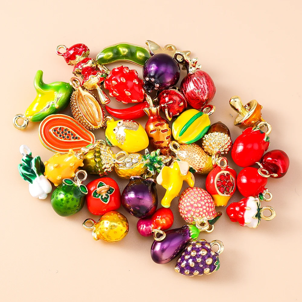5 Stück Niedliche Gemischte Obst- und Gemüseanhänger: Kirsche, Traube, Mais - Emaille-Charms für DIY Schmuckherstellung, Halsketten und Ohrringe – Detail 3