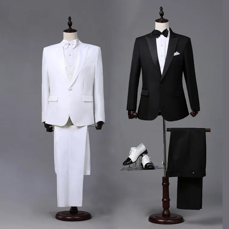 Men White Black Tailcoat Formal Suit Swallow-tailed Coat Pants European Court Prince Stage Costume Dinner Jacket Wedding Set