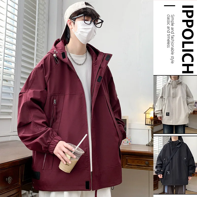 Men Jacket Korean Style Loose Casual Work Jacket Trendy Street Student Jacket Outdoor Waterproof Solid Color Fashion Man Jacket