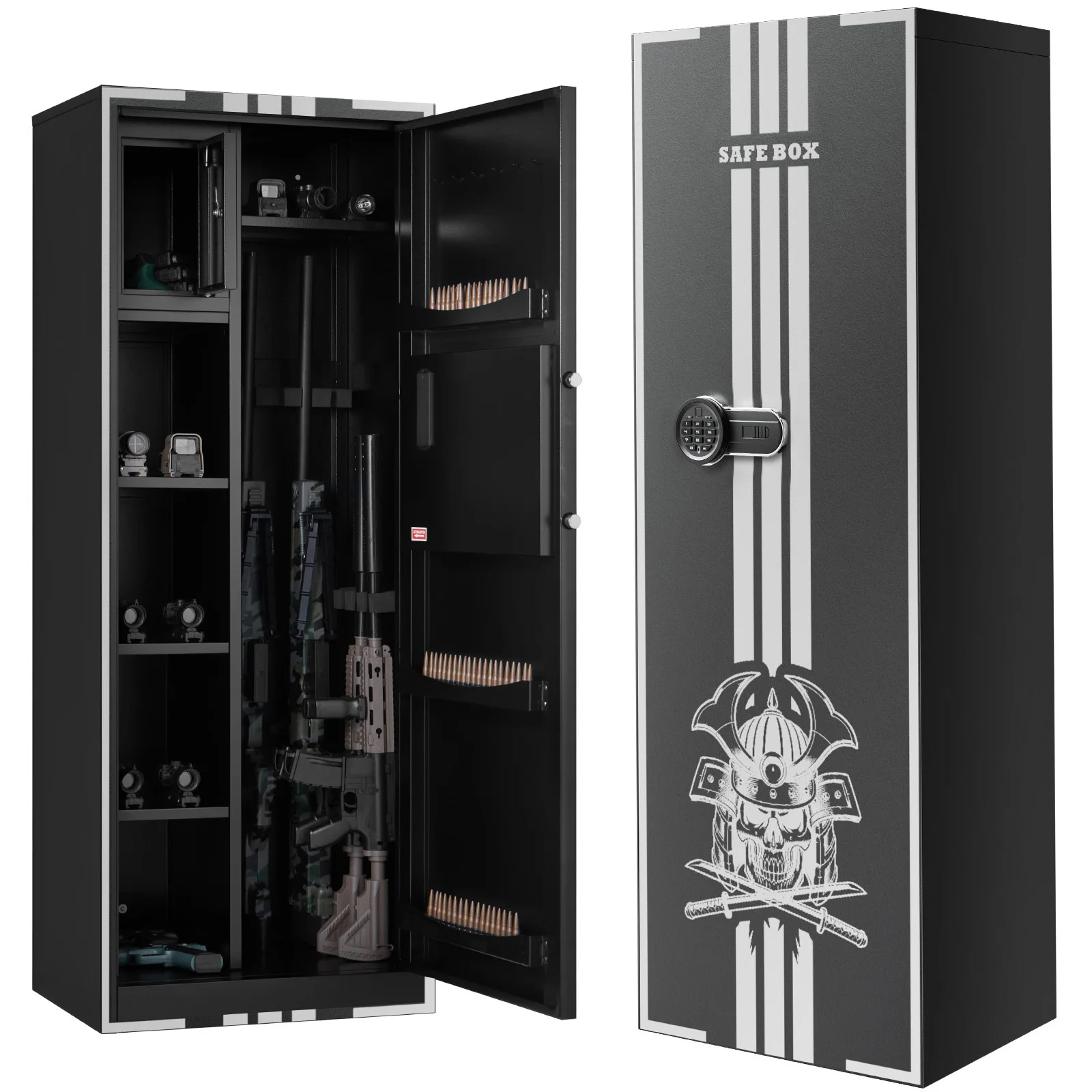 4 Gun Safe, Quick Access Rifle Safe with 3 Ammo Slots and 2 Adjustable Racks, Long Gun Cabinet for Rifles and Pistols, Large Digital Cabinet with Key and Password Lock
