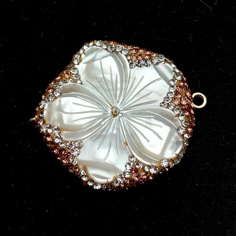 

3 PCS White shell mother of pearl carved flower Rhinestone pave Pendant Double Loops Connector
