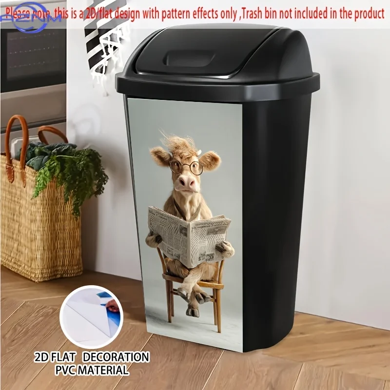 1pc 2D/FLAT Self-Adhesive Dustbin Sticker, .01× cm, Wise Cow Reading Newspaper in Chair Design, Perfect for Trash Bins, Walls