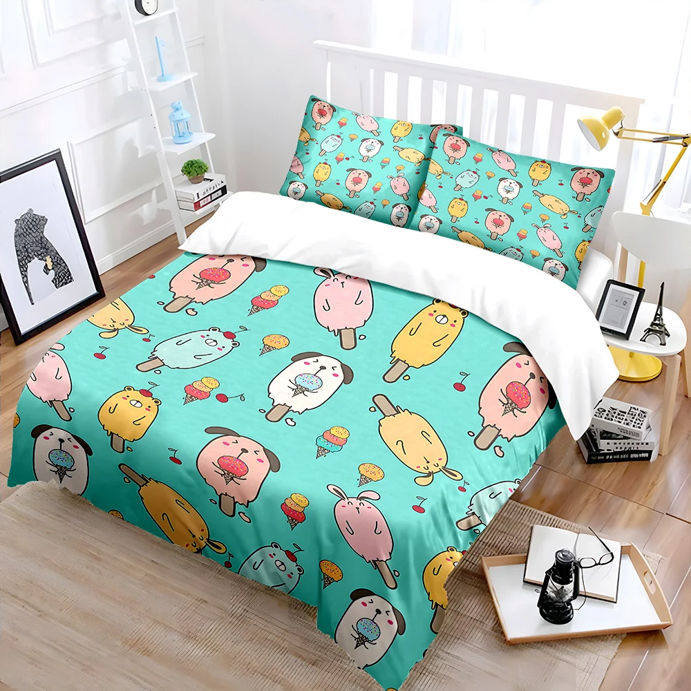 Cartoon animals and ice cream pattern Print Bedding Set 1 Duvet Cover 2 Pillowcases for Adult and Children Luxury Gift Full Size