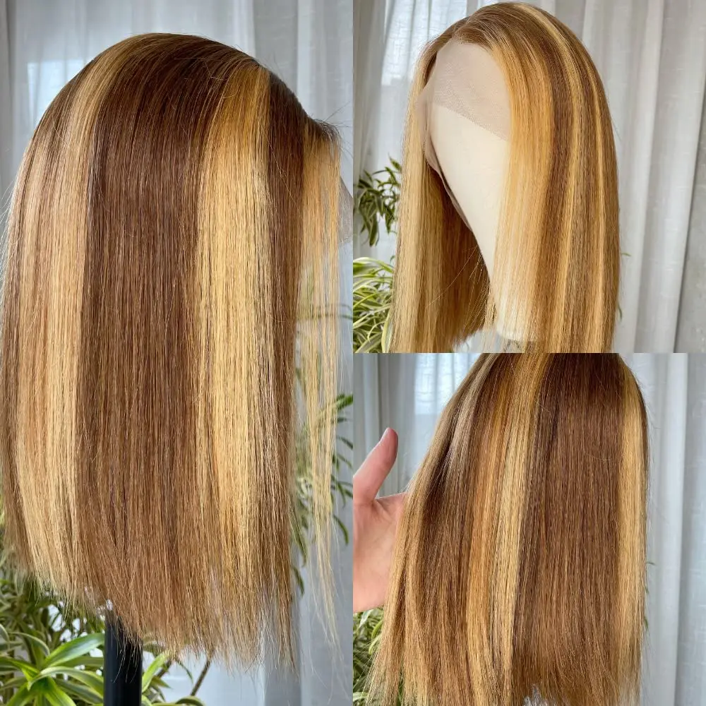 Honey Blonde Lace Front Bob Peruca para Mulheres, Cabelo Humano, Destaque, Transparente, 13x4, HD, 4/27