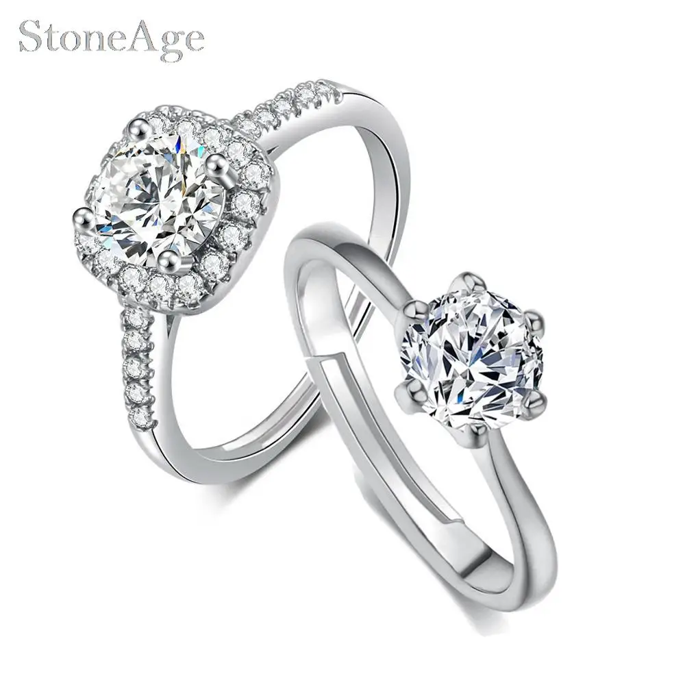 Image of Verstellbare Solitär ringe für Frauen Braut klassische Silber farbe aaa Zirkonia Hochzeit Verlobung Ehering Schmuck