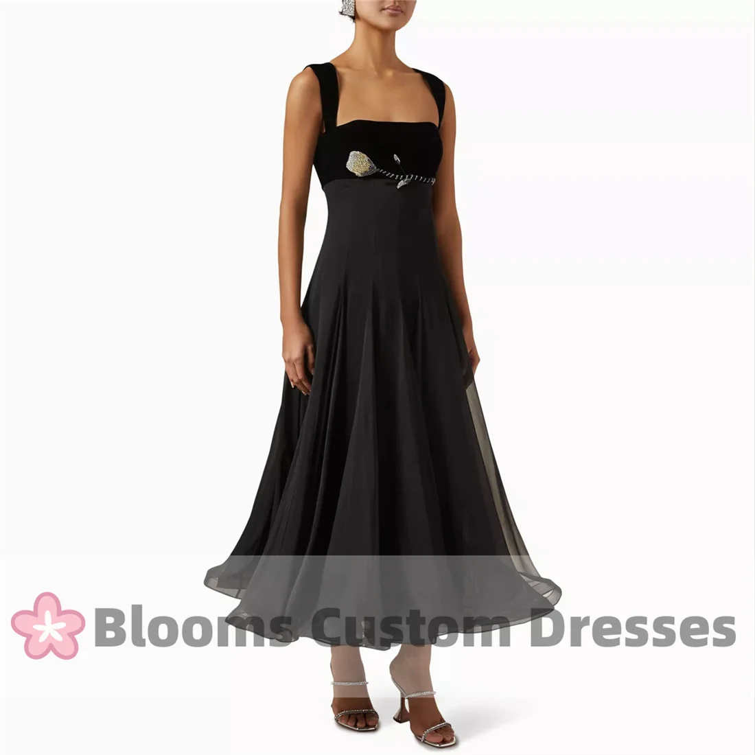 Blooms Black Elegant A-Line Prom Dress Rhinestone Floral Beaded Sweet Customized Evening Dress Sleeveless Special Occasion Gown