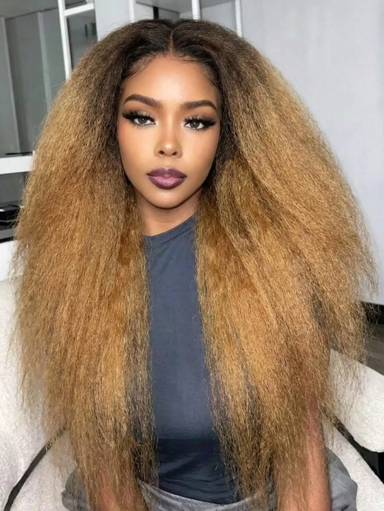 250 Density Kinky Straight Human Hair Wigs For Women Ombre 4/27 Honey Blonde Yaki Straight Wig Human Hair 13x4 HD Lace Frontal Wigs Pre Plucked Human Hair With Baby Hair Glueless Wigs Human Hair For Daily Wear