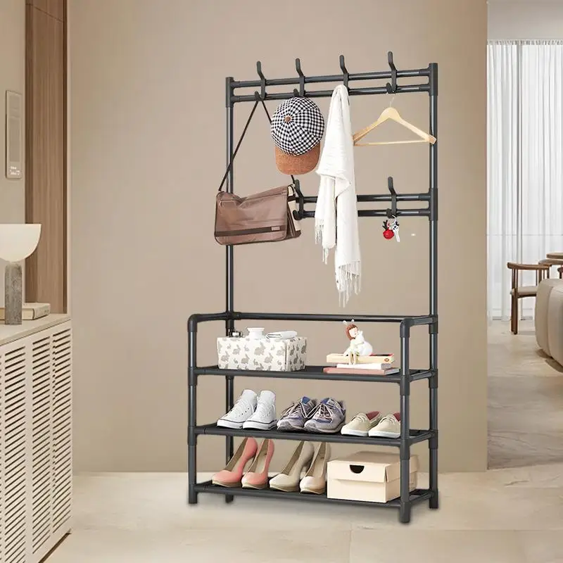 Clothes Rack With Shoe Storage With Hooks Metal Cloth Hanger Rack Stand Floor-standing Dormitory Hanger For Items Storage Rack