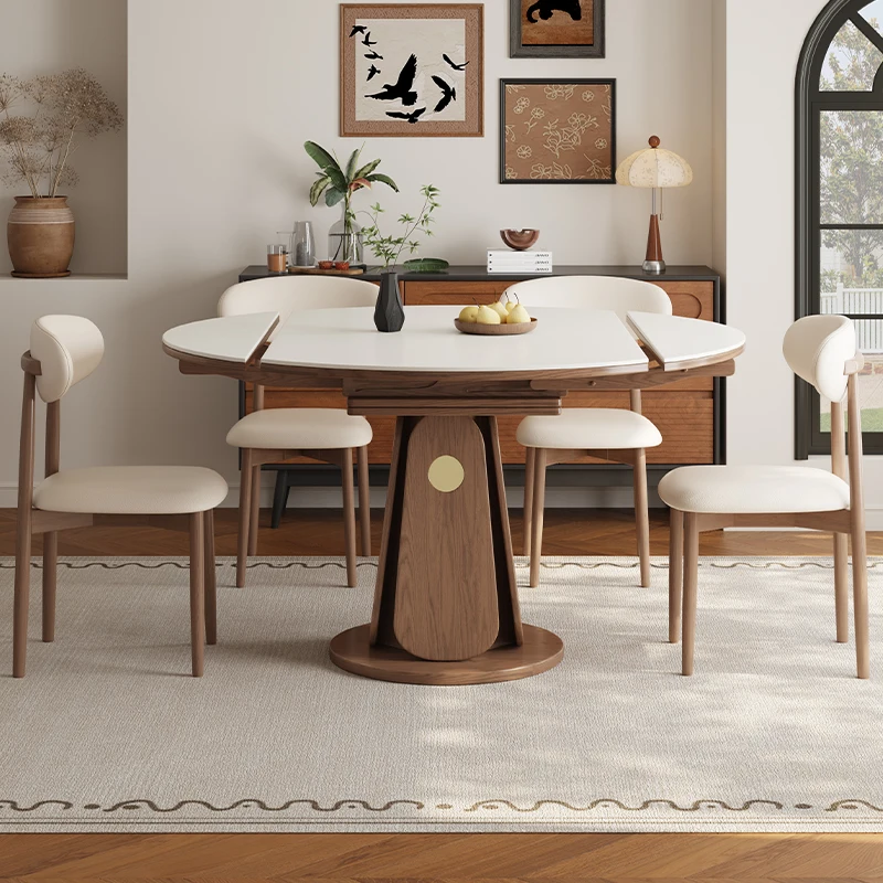 Travertine rock slab dining table and chair combination ash wood variable round table small household retractable