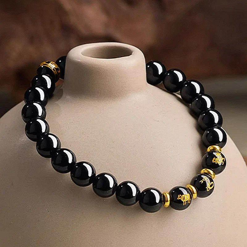 Natural Obsidian Bracelet Women's Lucky LifeYear Triple Harmony 12 Zodiac 2026 HorseYear  Bracelet Men's Buddha Bead Hand String