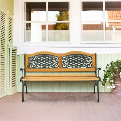 Classic Cast Iron & Teak Arched Back Rectangular Outdoor Bench, 3-Seater, 470 lbs Capacity, Easy Assembly, Weather
