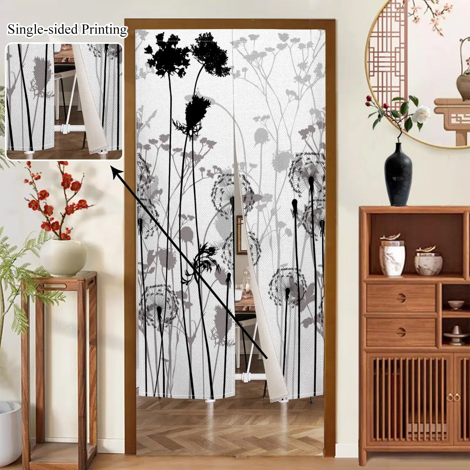 Japanese Single-Side Door Curtain Long Style Traditional Dandelion Ink Wash Painting Doorway Tapestry for Privacy Partition Room
