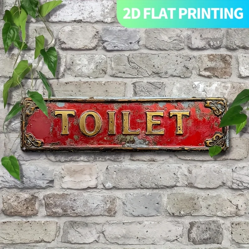 Vintage Metal Toilet Sign - 2D Flat Wall Decor for Bathroom, Farmhouse & Gothic Home, 39.88x9.91cm, Pre-drilled Holes