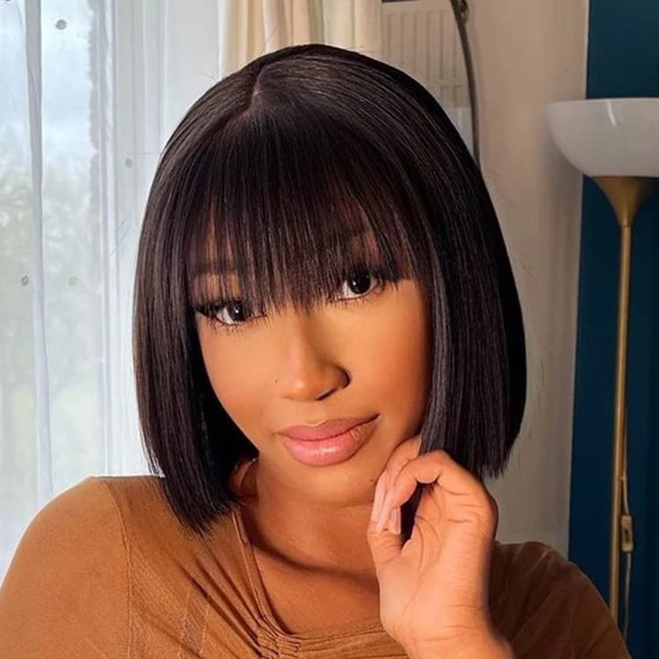 Wiggogo 3X1 Middle Part Lace Wig Bob Wigs Full Machine Made Bone Straight Human Hair Wigs With Bangs Short Bob Human Hair Wigs