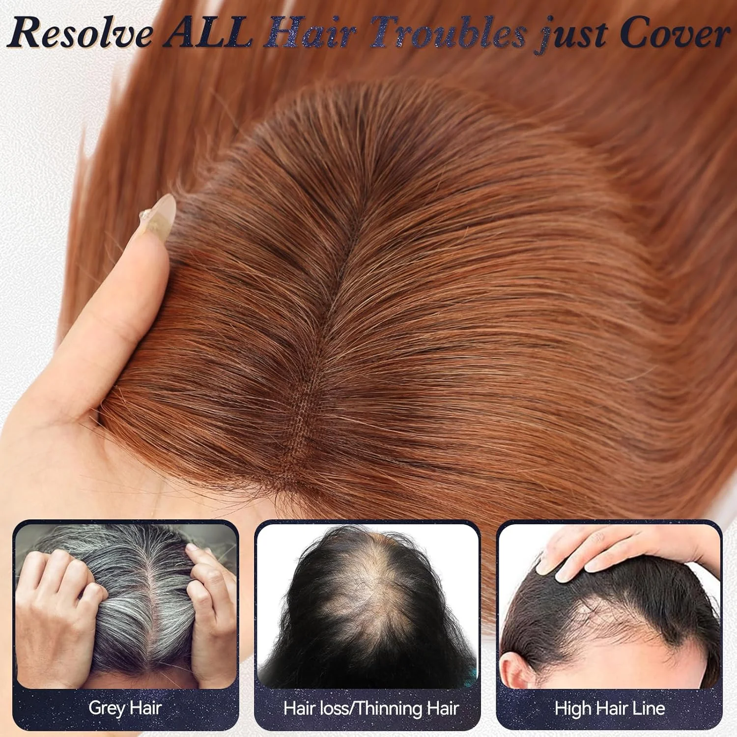 Ginger Copper 14 Inch Human Hair Topper for Women Straight Hair Topper With Bangs Upgrade Swiss Lace Base with 3 Non-Slip Clips