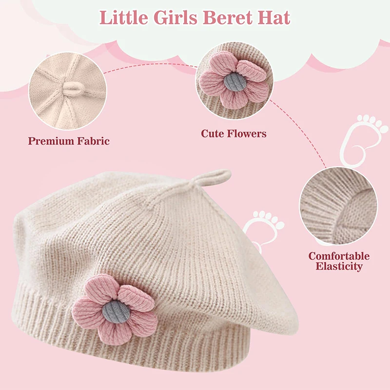 Kids Girl Knitted Hat Flower Beret Cute Flower Princess Artist Painter Cap Solid Color Crochet Hat Spring Warm Children Beanies