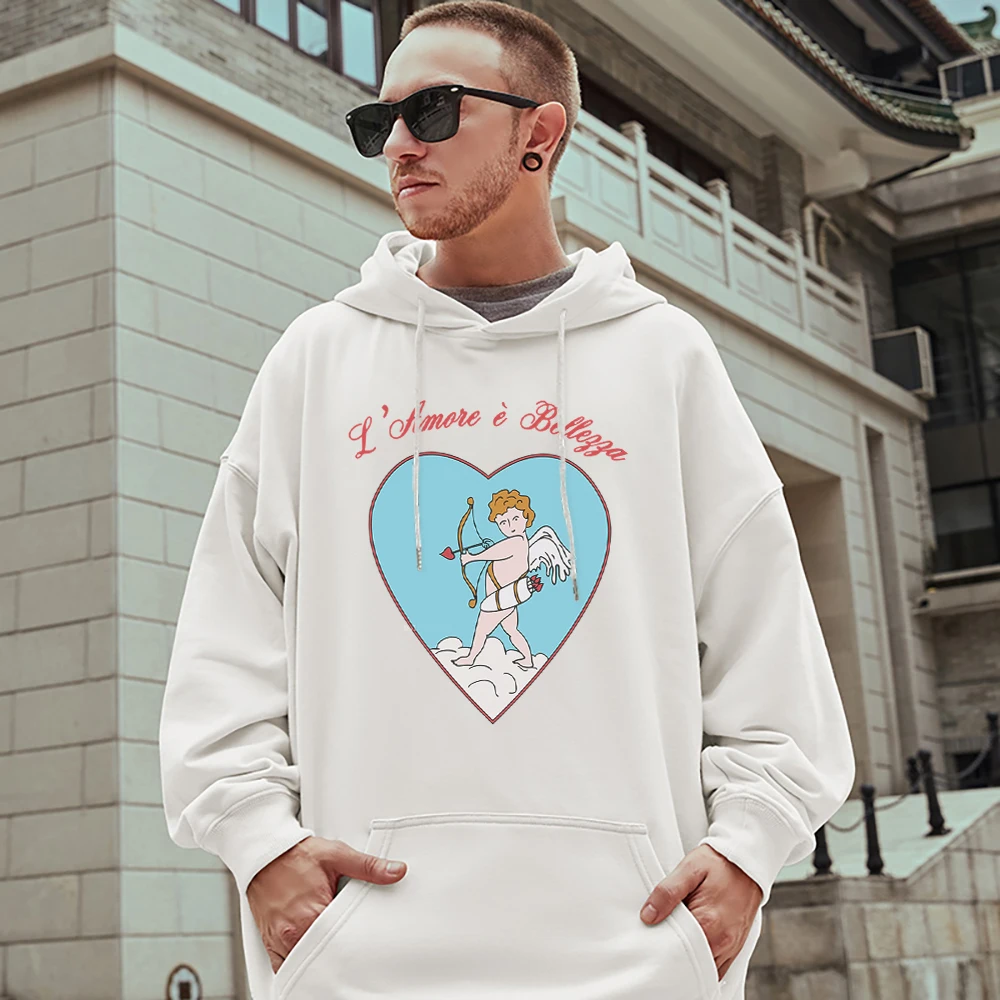 Cupid's Arrow Love Shape Prints Mens Long Sleeves Hip Hop Oversize Hooded Creativity Casual All-math Pullover Couple Cotton Tops