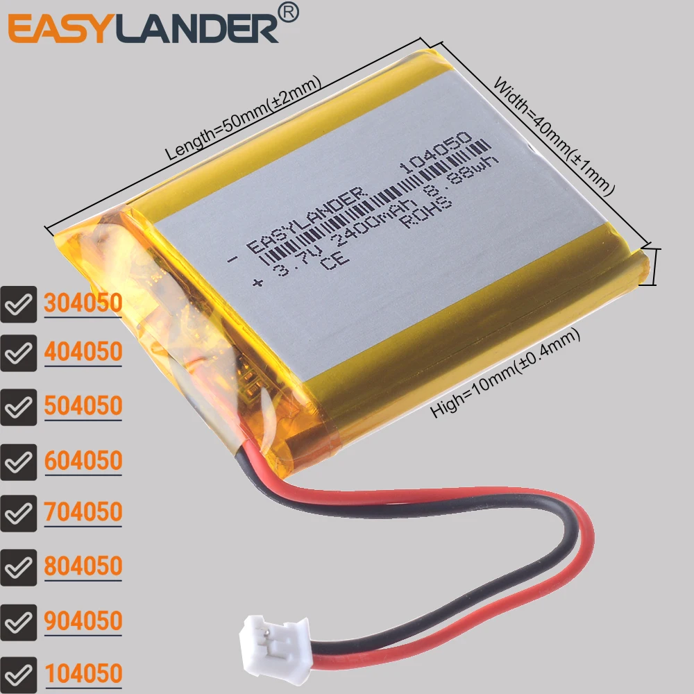 JST2.0mm 2Pin 3.7V 2000mAh 804050 Rechargeable Lithium Li-ion Polymer Battery 304050 404050 504050 604050 704050 904050 104050