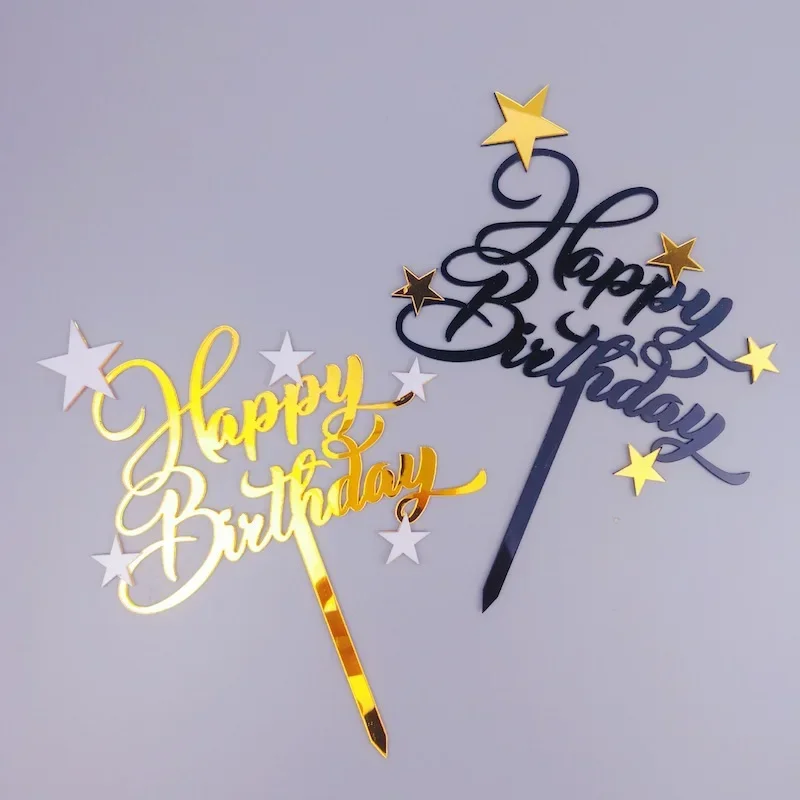 Shiny Happy Birthday Cake Topper Lovely Star Cupcake Toppers Decoration Topper High-end birthday party baking flag Deck Supplies