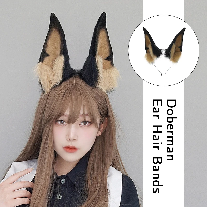 

Cute Dobermanns Dog Ears Headbands Plush Furry Animal Ears Hair Hoop Handmade Lolita Cosplay Costume Halloween Hairband