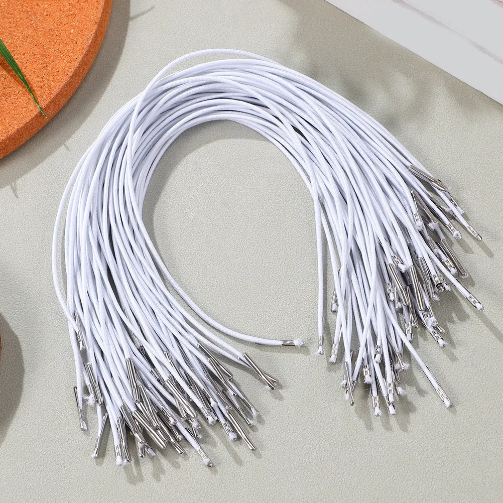 

200Pcs Elastic Band Barbed Cord Metal Ends Stretch Round Lanyard for DIY Craft Party Hat Strap Book Binding Use