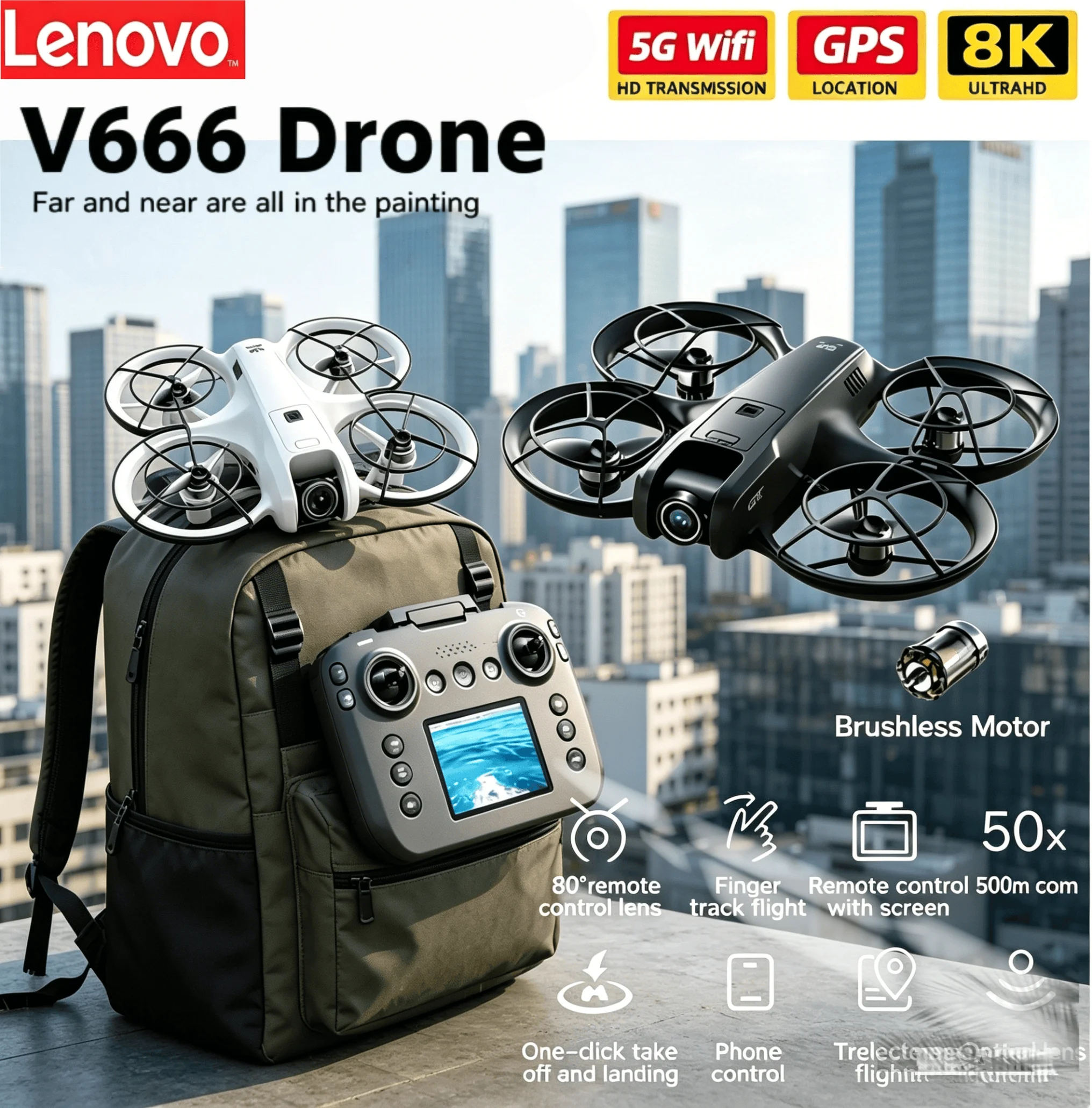 

Мини-дрон Lenovo V666 с камерой 8K HD, 5G WiFi FPV, бесщеточный, с функцией обхода препятствий, удержанием высоты, режимом Headless, радиоуправляемый квадрокоптер-игрушка