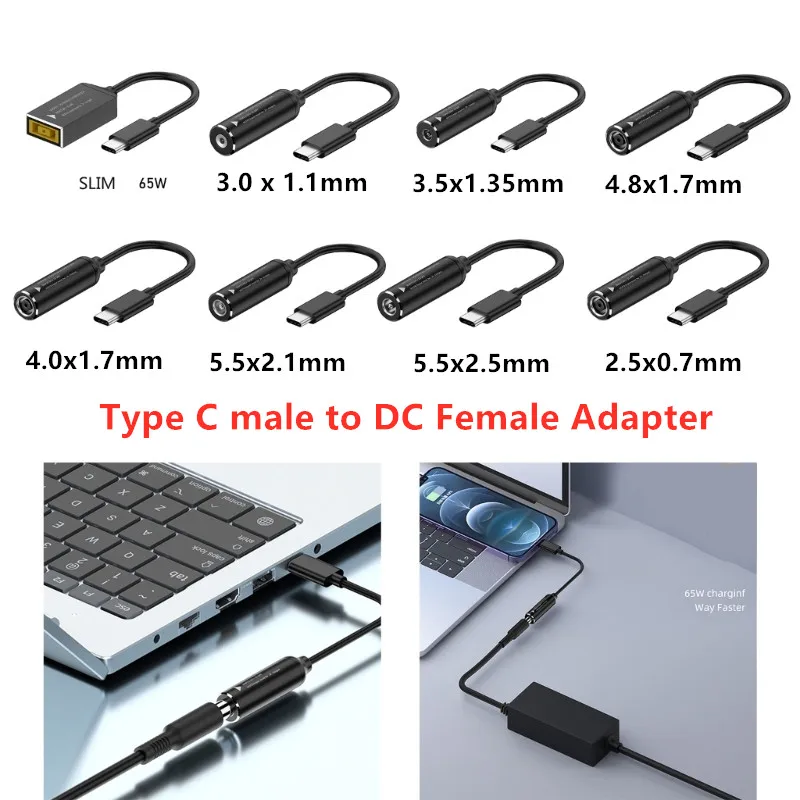 DC2.5x0.7mm/3.5x1.35 مللي متر/4.0x1.7 مللي متر/4.5x0.6 مللي متر/4.8x1.7 مللي متر/5.5x1.0 مللي متر/5.5x2.1 مللي متر/5.5x2.5 مللي متر أنثى إلى نوع-C ذكر محول موصل كابل