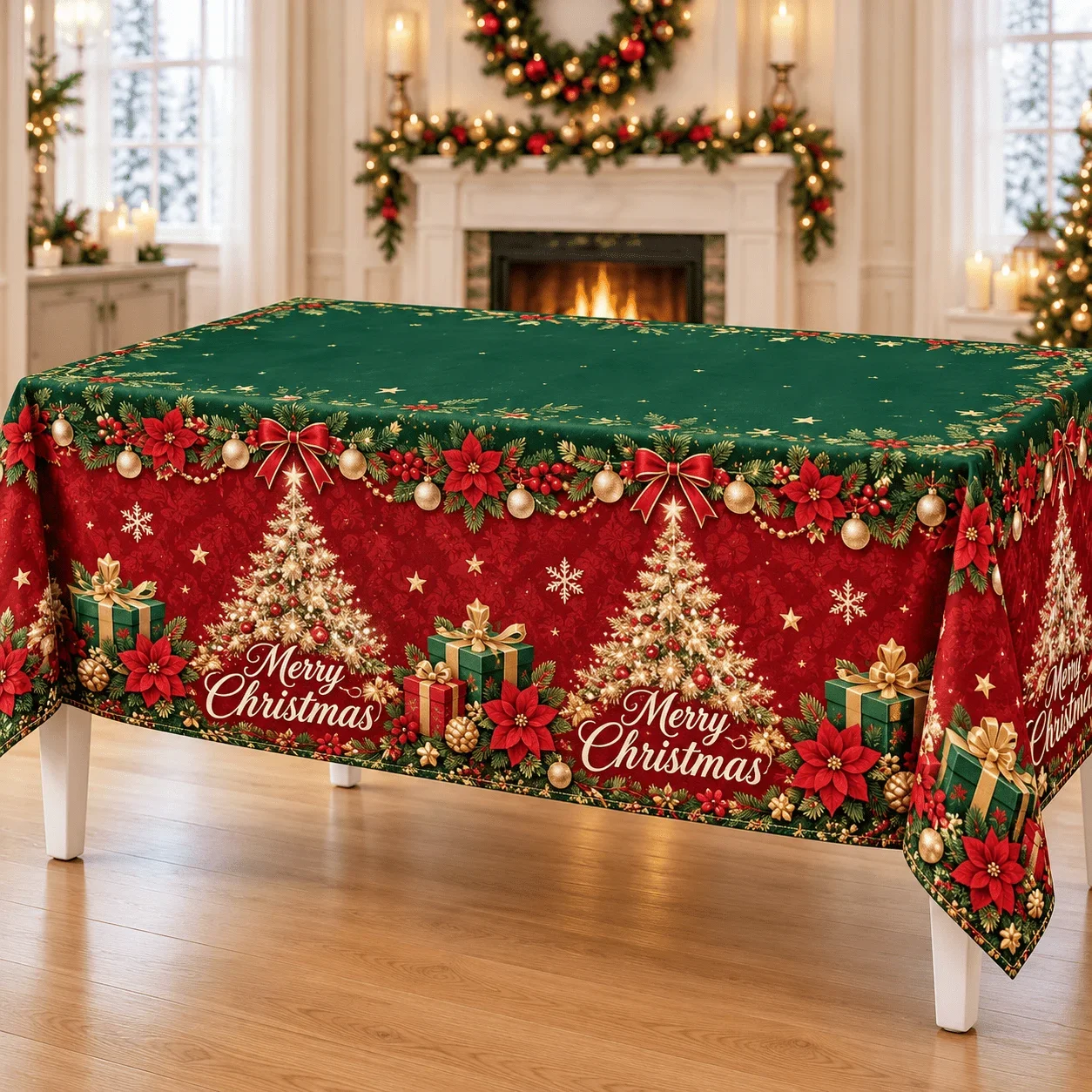 1 square Christmas tablecloth, classic red and green color scheme with gold Christmas tree, bows, gifts and Christmas flowers