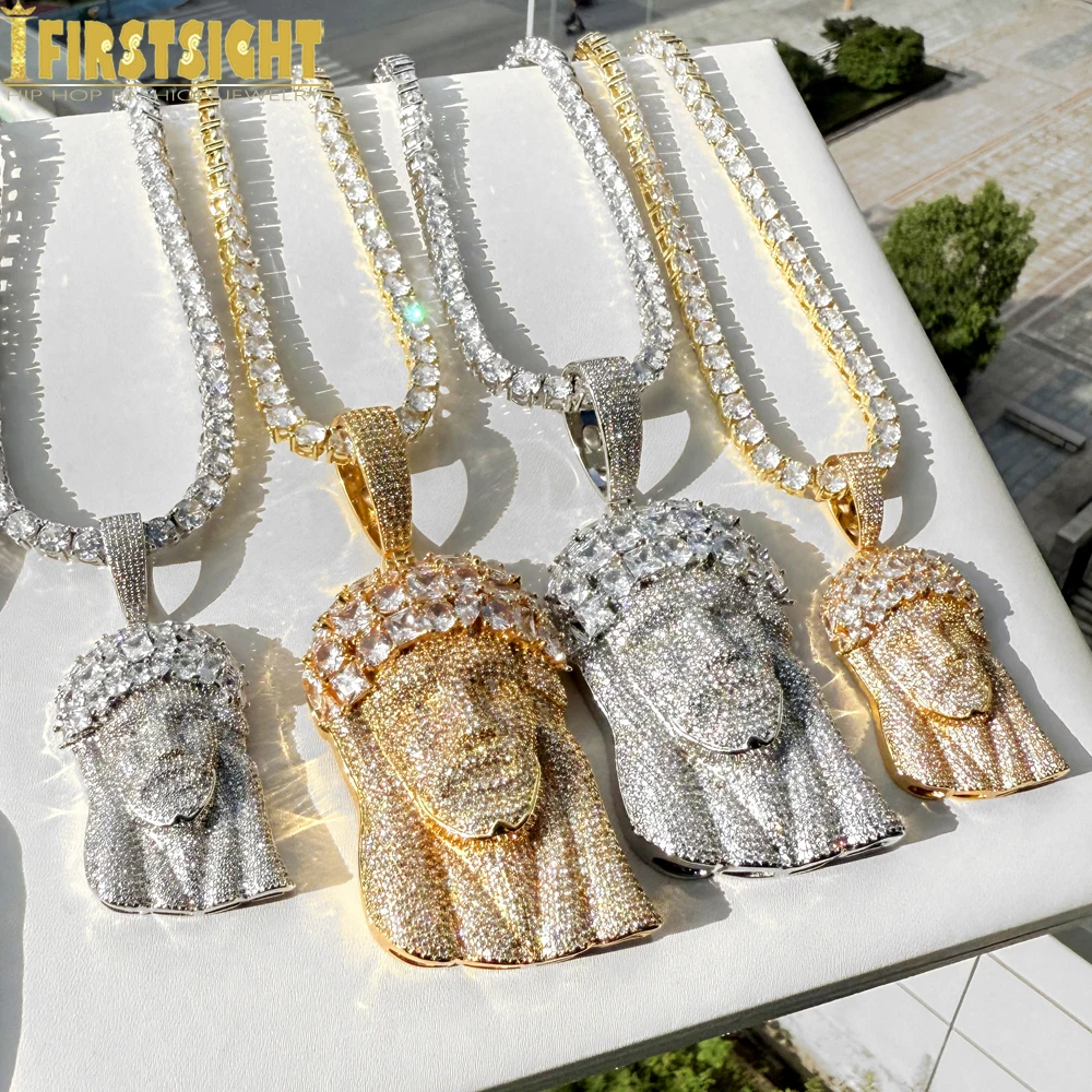 

New Iced out Jesus Head Pendant Necklace White Tennis Chain Bling CZ Zircon Faith Charm Religious Design Men Hip Hop Jewelry