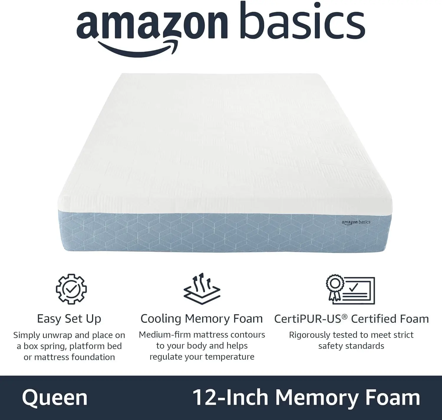 Memory Foam Mattress, Medium Firm, Cooling Gel, Queen Size Mattress, CertiPUR-US® Certified Foam, 80 x 60 x 12 inches, White/Gra