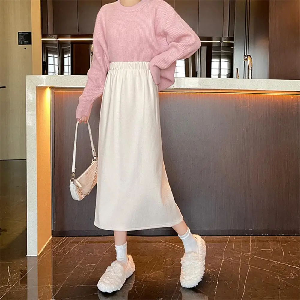 High-waisted Skirt Commuting Style Skirt Thick Warm Solid Color A-line Midi Skirt for Women with Elastic High Waist for Fall