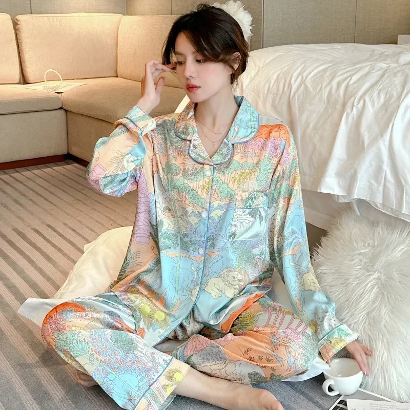 Colorful Jungle Pajama Satin Silk Spring Autumn Long Sleeves Long Pants Young Girl Thin Homewear Casual Set Loose Sleepwear