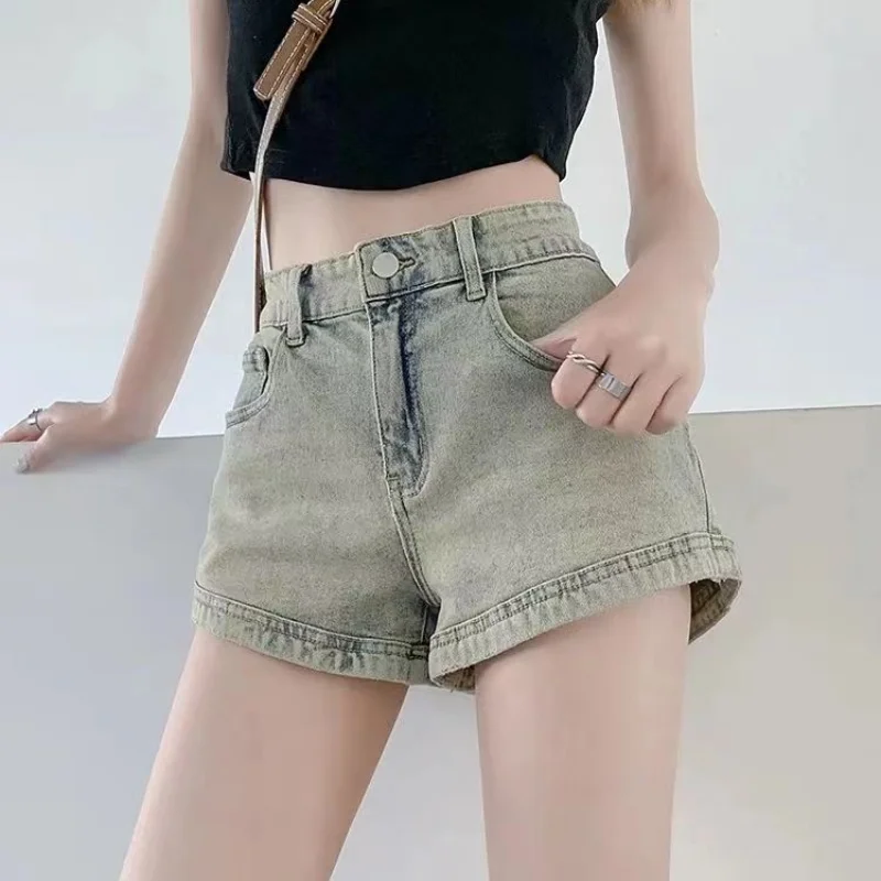 شورت دنيم صيفي للنساء ، خصر مرتفع ، جينز مطاطي ، موضة مثيرة على شكل سطر ، بنطال هيب هوب بساق واسعة ، ألوان عتيقة ،