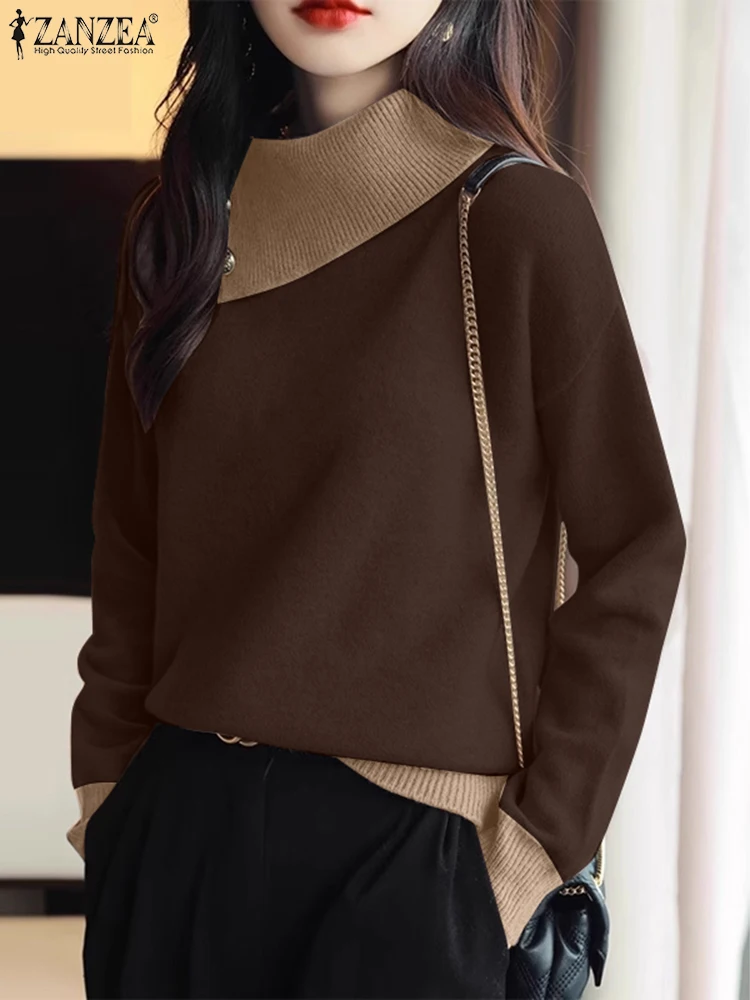 ZANZEA Women Autumn Tees 2024 Early Autumn Long Sleeve T-shirts Casual Loose Colorblock Slanted Lapel Collar Tops Knitted Tunics