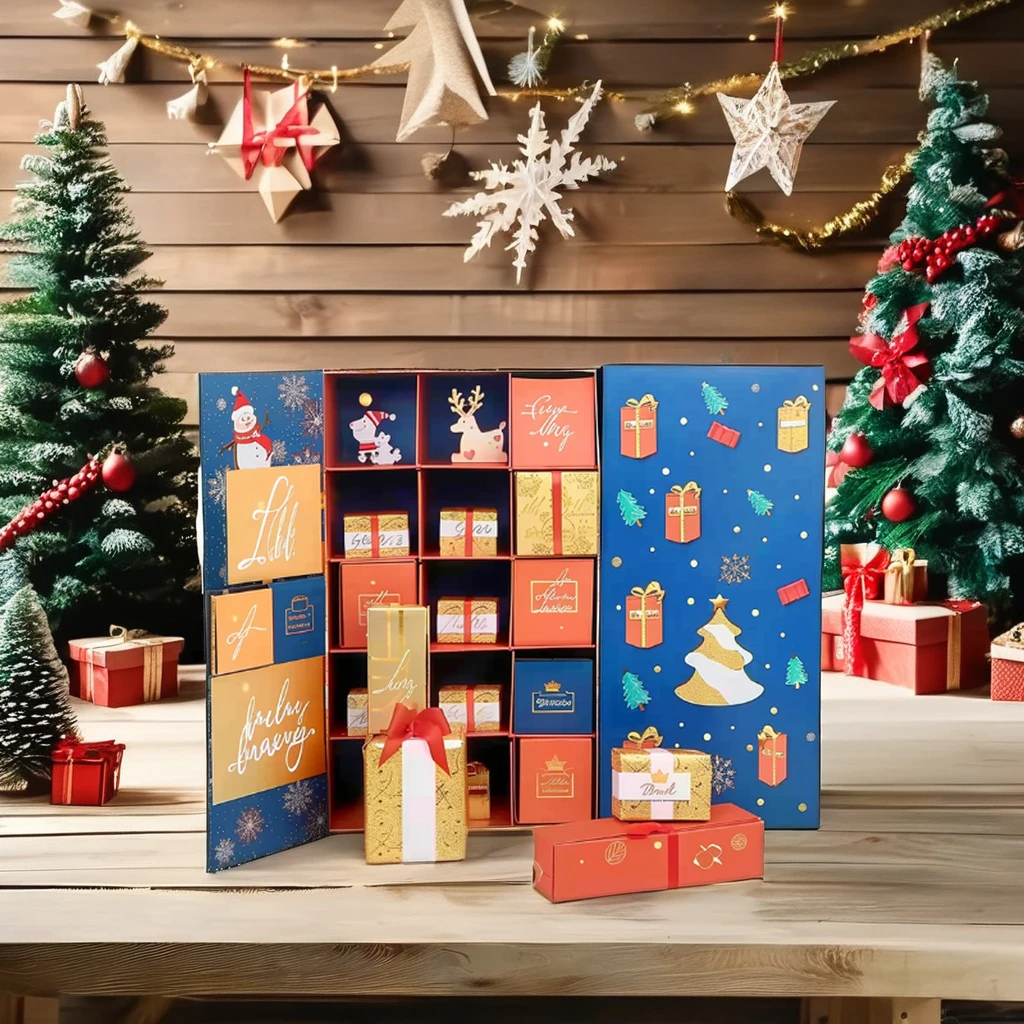 Customization.Custom Empty 24 Days Christmas Advent Calendar Rigid Cardboard Jewelry Gift Box UV Matt Lamination Food Storage Em