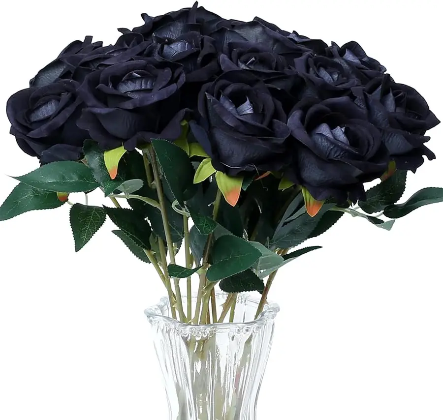 

15PCS Black Artificial Roses Silk Flowers Fake Roses Realistic Bouquet Long Stem with Gift Box for Mother's Gift Day Home Party