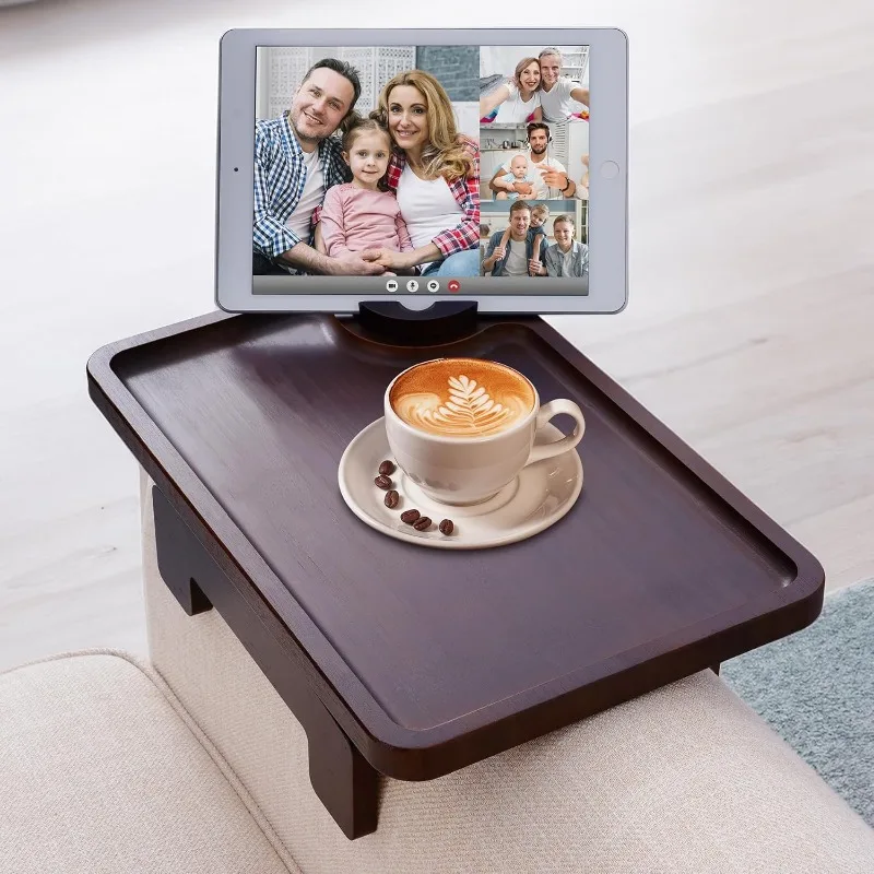 Sofa Arm Tray Table, Multi-Function Folding TV Trays with 360°Rotating Phone&Pad Bracket