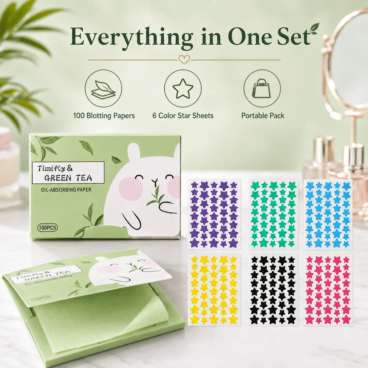 100PCS Green Tea Oil Blotting Papers & 6-Color Star Pimple Patch Sheets, Portable Beauty Set for Daily Care, Travel & Purse Use