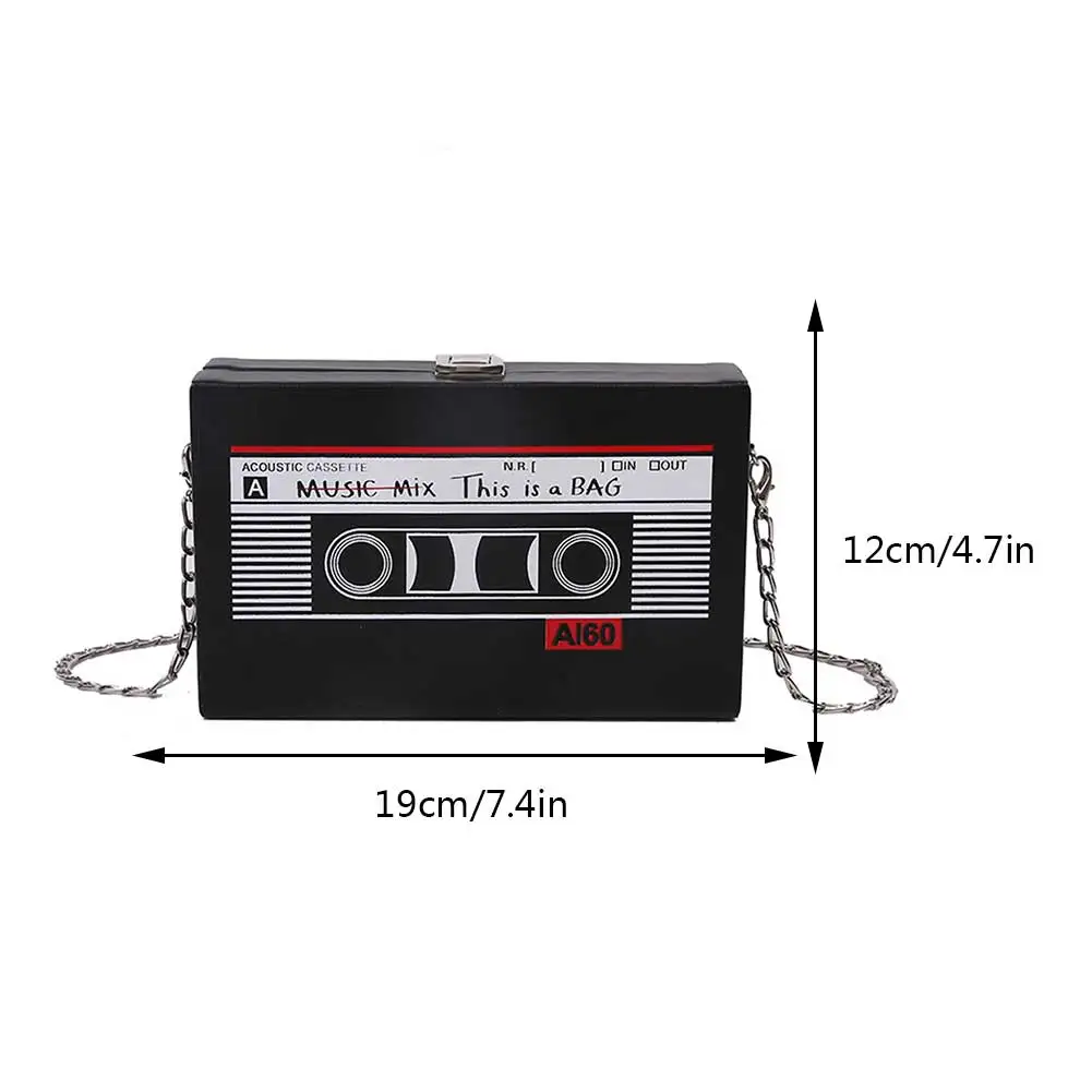 Women Cute Sling Bag Radio Shape Mini Chain Purse PU Leather Tape Recorder Print Ladies Daily Commute Bag