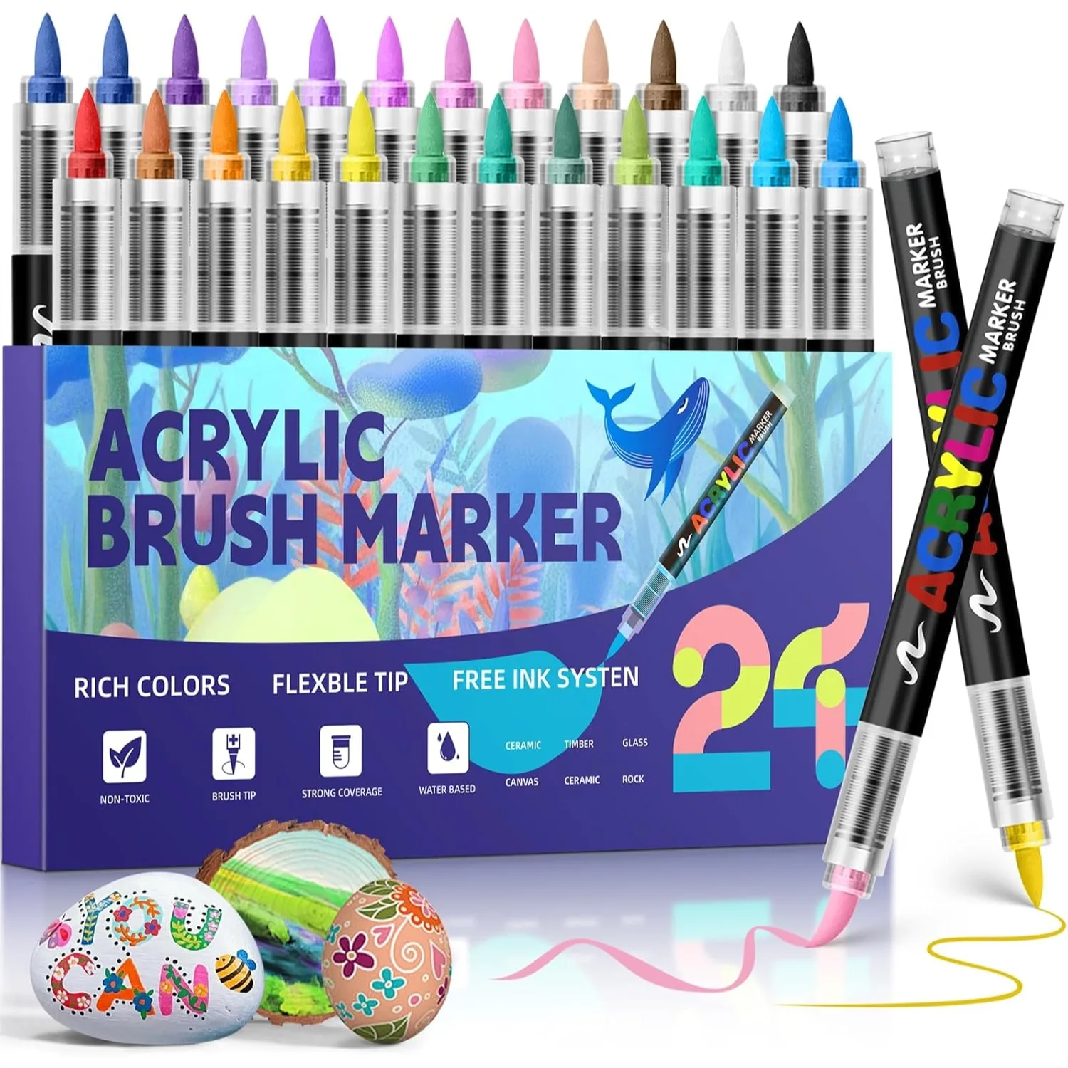 

Acrylic Paint Markers with Brush Tip, 24 Colors No Bleed Paint Pens for Fabric, Wood, Rocks, Canvas, Glass, Ceramic Art Supplies