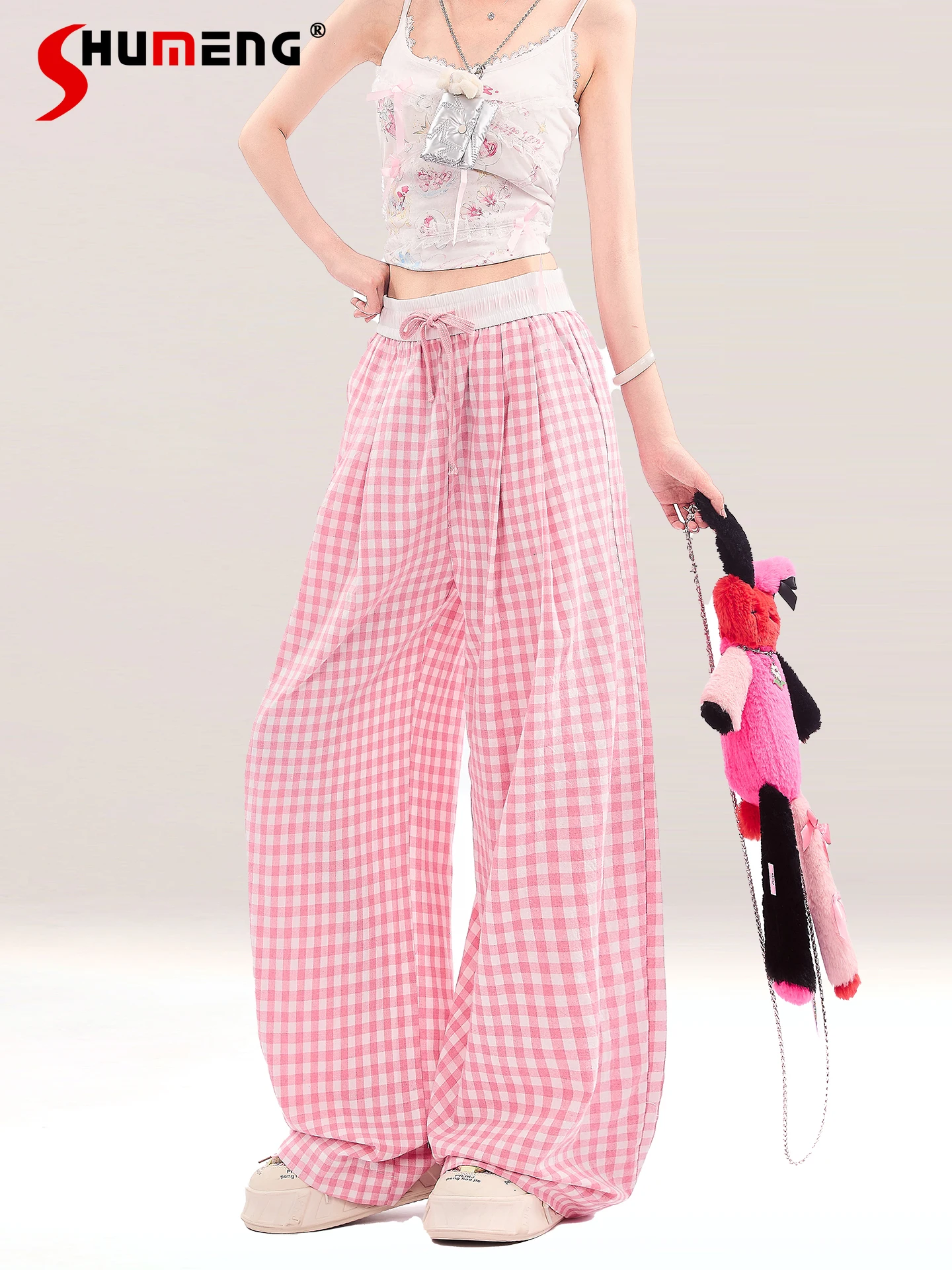

Japanese Street Sweet Cool Y2K Girl Lazy Casual Pants Elastic High Waist Lace-up Plaid Bow Loose Straight Trousers Women Summer