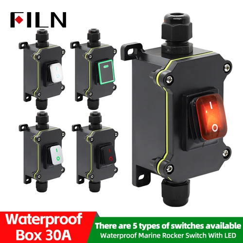 Conector de alta corriente 30A, cable de alimentación en línea para exteriores, 110V-220V, 12V-24V, interruptor basculante marino, encendido y apagado, caja de conexiones IP67 impermeable