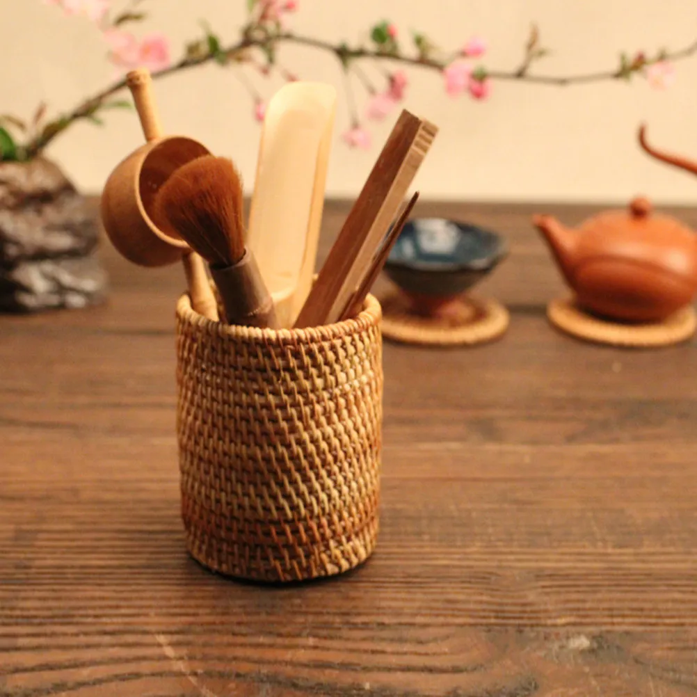 Woven Rattan Pen Holder Desktop Organizer Makeup Brush Holder Storage Bin Pencil Organizer Office Supplies Storage Bins