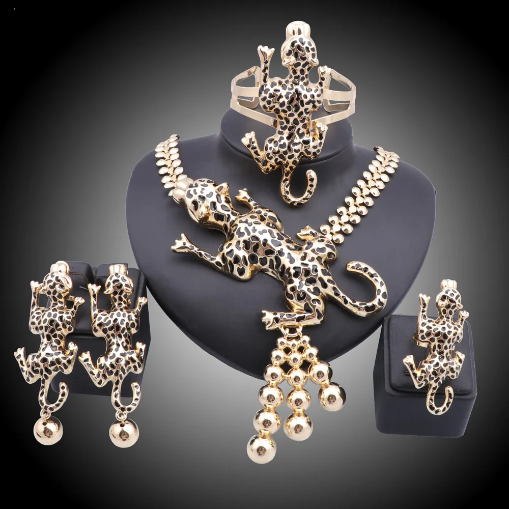 

Exquisite Gold Silver Enameled Leopard Jewelry Set Wholesale Luxury Nigerian Woman Party Fashion Costume Design Sets